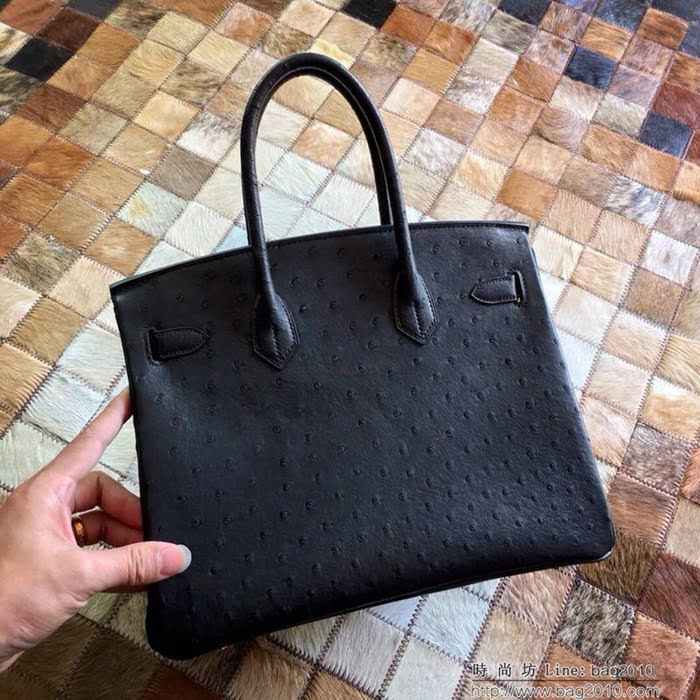 HERMES愛馬仕 鉑金包 Birkin 30 南非原產KK級鴕鳥皮 頂級工藝 黑色 手縫蠟線 手提包  Ama1238